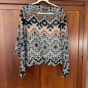 Alfani Black and Brown Graphic bell Sleeve Blouse